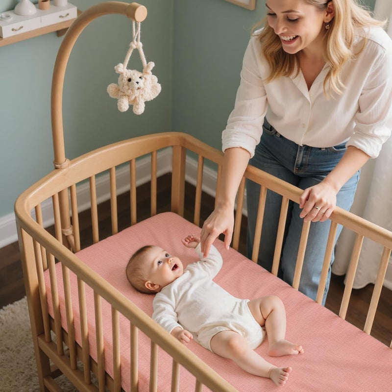 BeBeJoJo Baby Bassinet Sheets TPU Waterproof 2 Pack Soft Muslin Bedside Bassinet Mattress Sheets with Bottom Elastic Band for Baby Boy Girls Unisex Fit Hourglass Oval and Rectangle, Pink Beige - Image 2